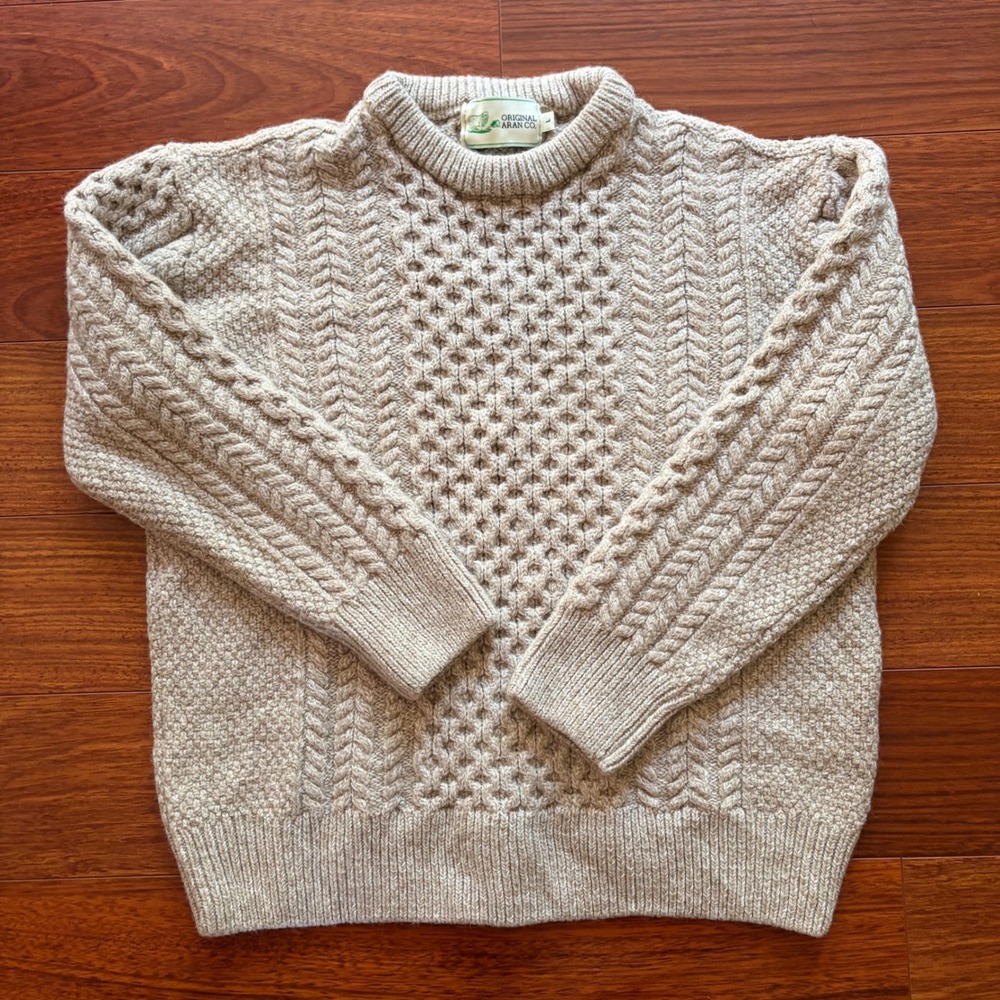 Original Aran Co Mens Merino Wool Cable Knit Sweater Large Beige Irish Fisherman